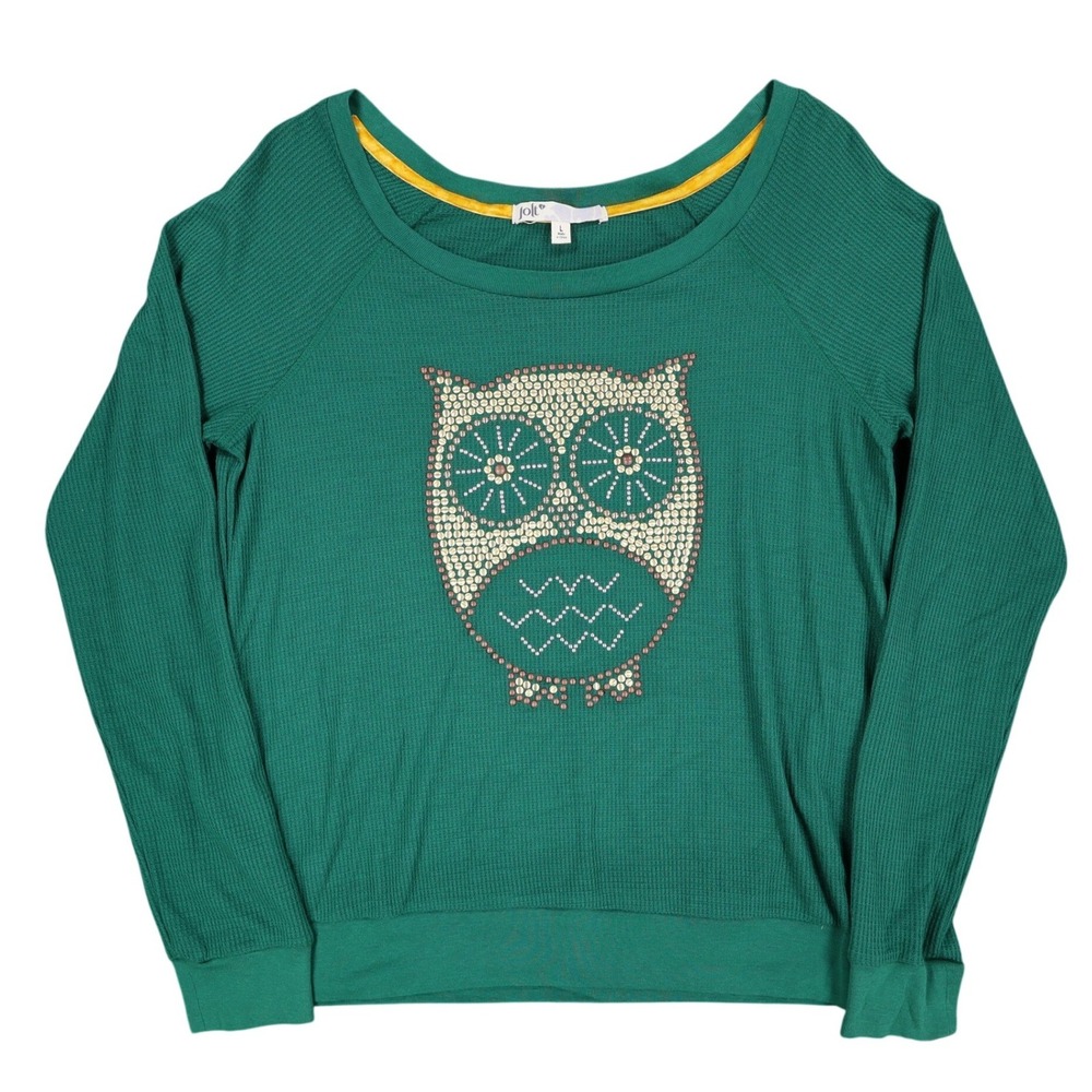 Jolt Owl Studded Thermal Top Womens Large Green Waffle Knit Raglan NWT